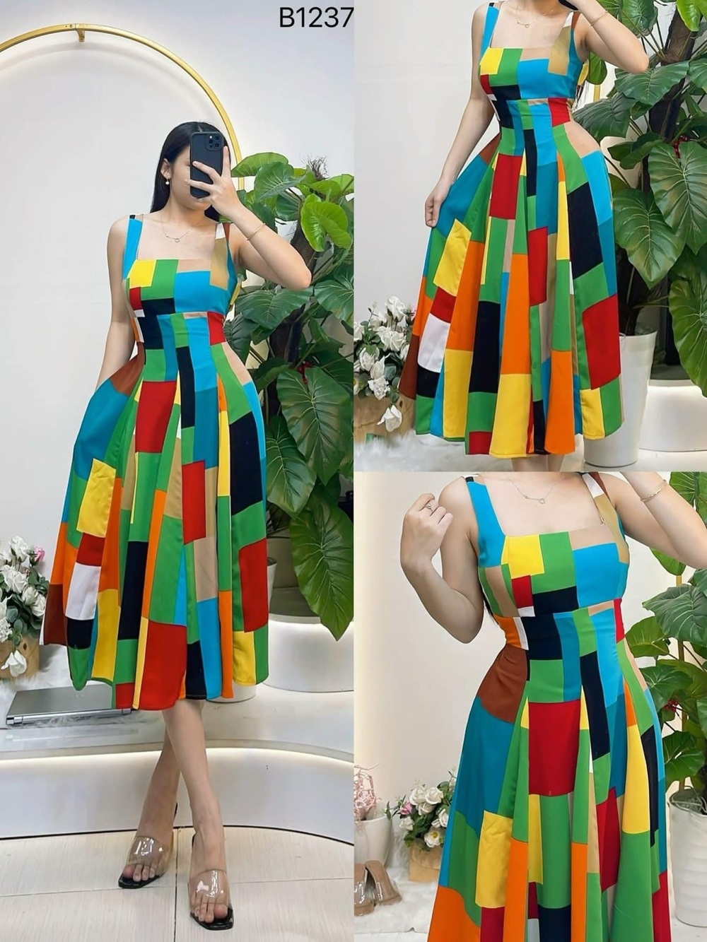 Colorblock Square-Neck Midi Dress - Green Multi